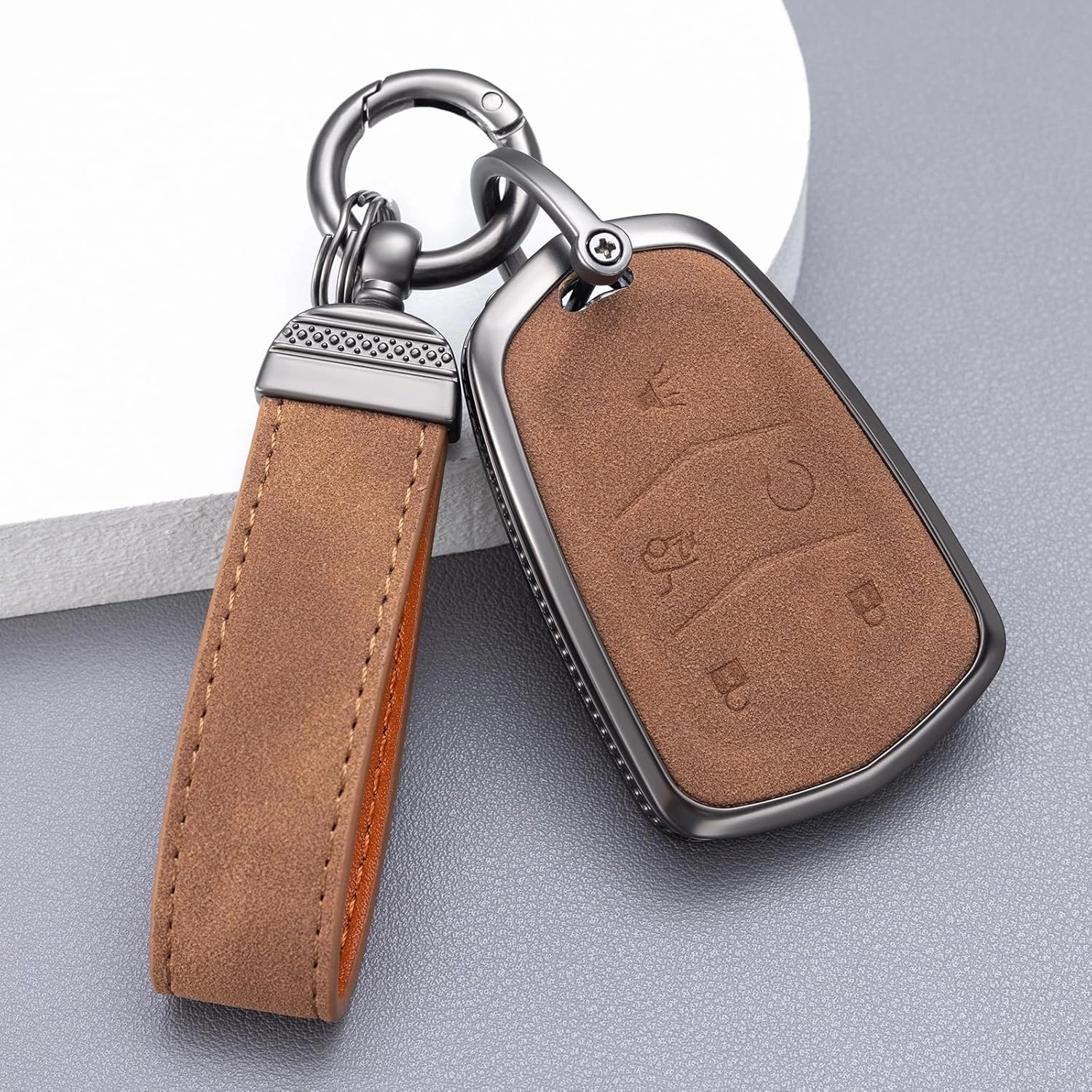 YO&YOYE Compatible with Cadillac Key Fob Cover with Keychain Leather Key Case Protector for Cadillac Escalade CTS SRX XT5 ATS STS CT6 (Model1, Brown)