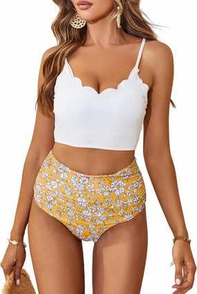 ZAFUL Scalloped Swimsuits for Women High Waisted Bikini Sets Padded Tummy Control 2 Piece Swimwears