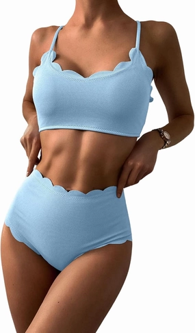 ZAFUL Scalloped Swimsuits for Women High Waisted Bikini Sets Padded Tummy Control 2 Piece Swimwears