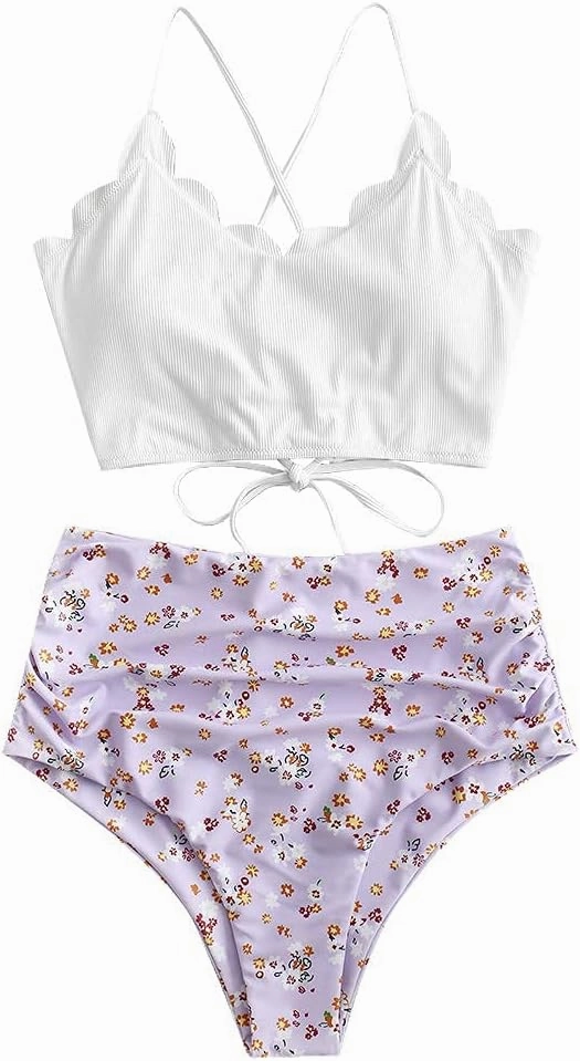 ZAFUL Scalloped Swimsuits for Women High Waisted Bikini Sets Padded Tummy Control 2 Piece Swimwears