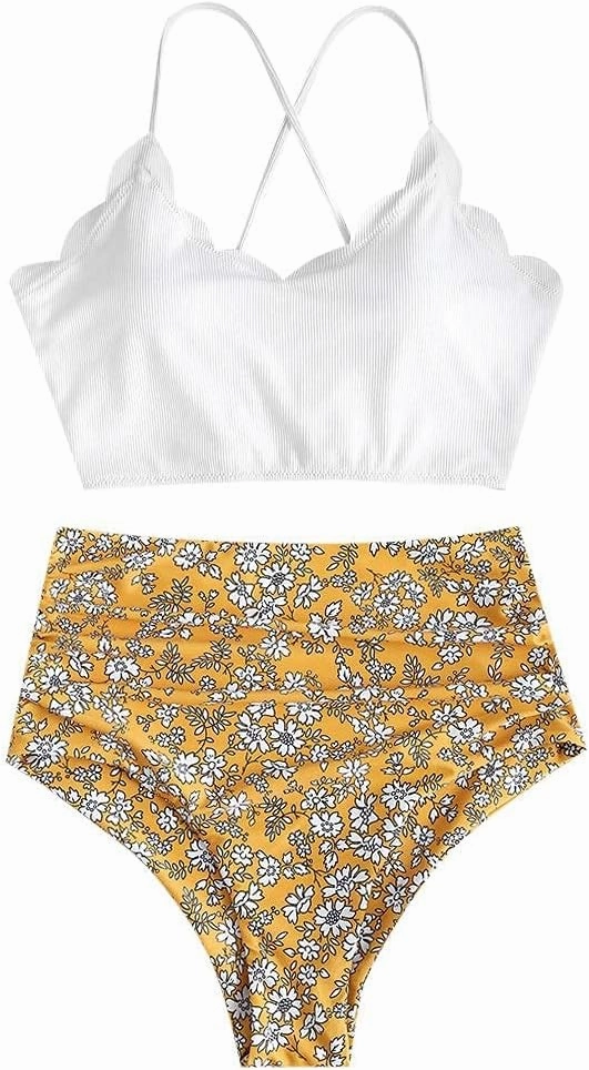 ZAFUL Scalloped Swimsuits for Women High Waisted Bikini Sets Padded Tummy Control 2 Piece Swimwears