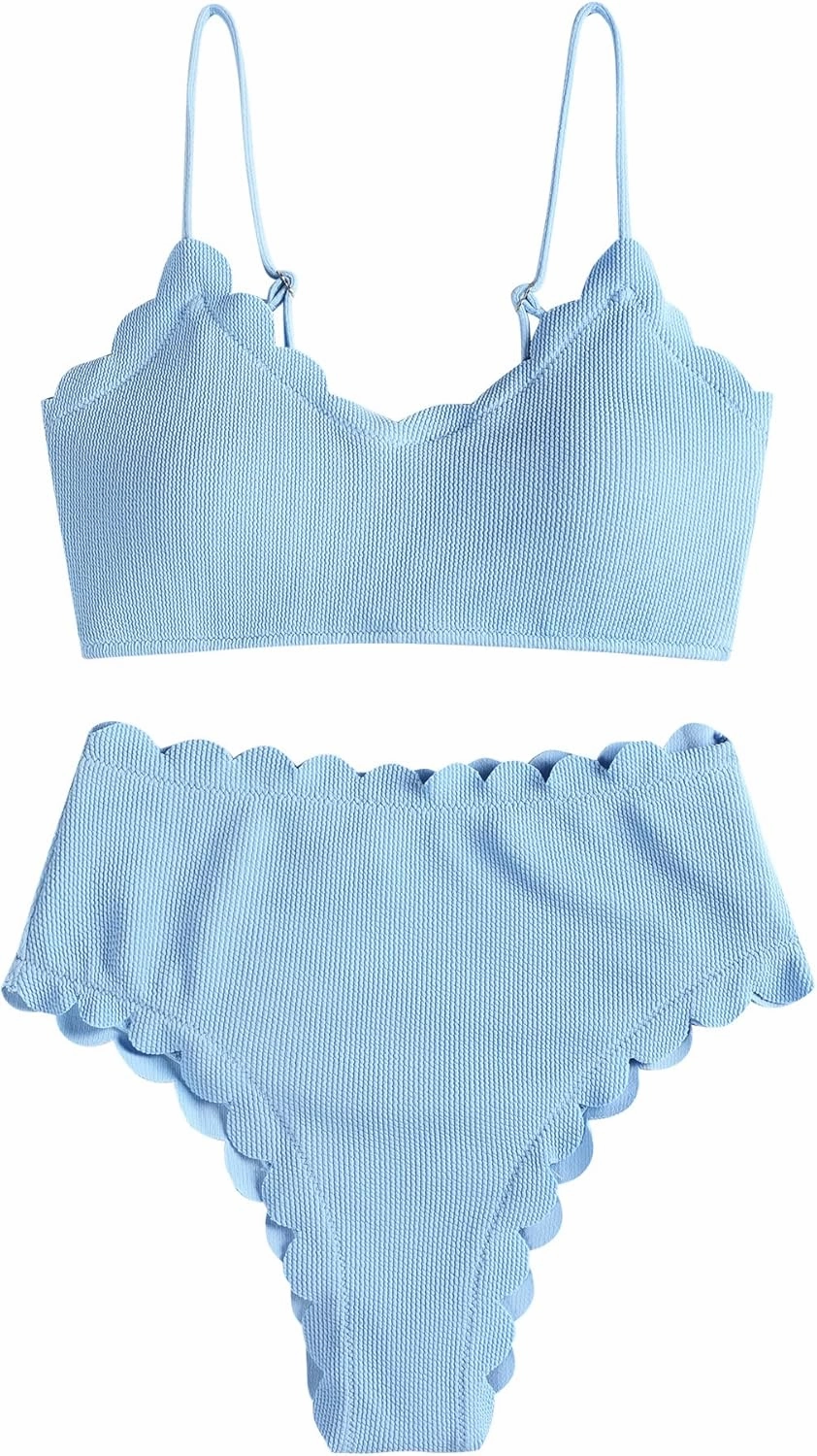 ZAFUL Scalloped Swimsuits for Women High Waisted Bikini Sets Padded Tummy Control 2 Piece Swimwears