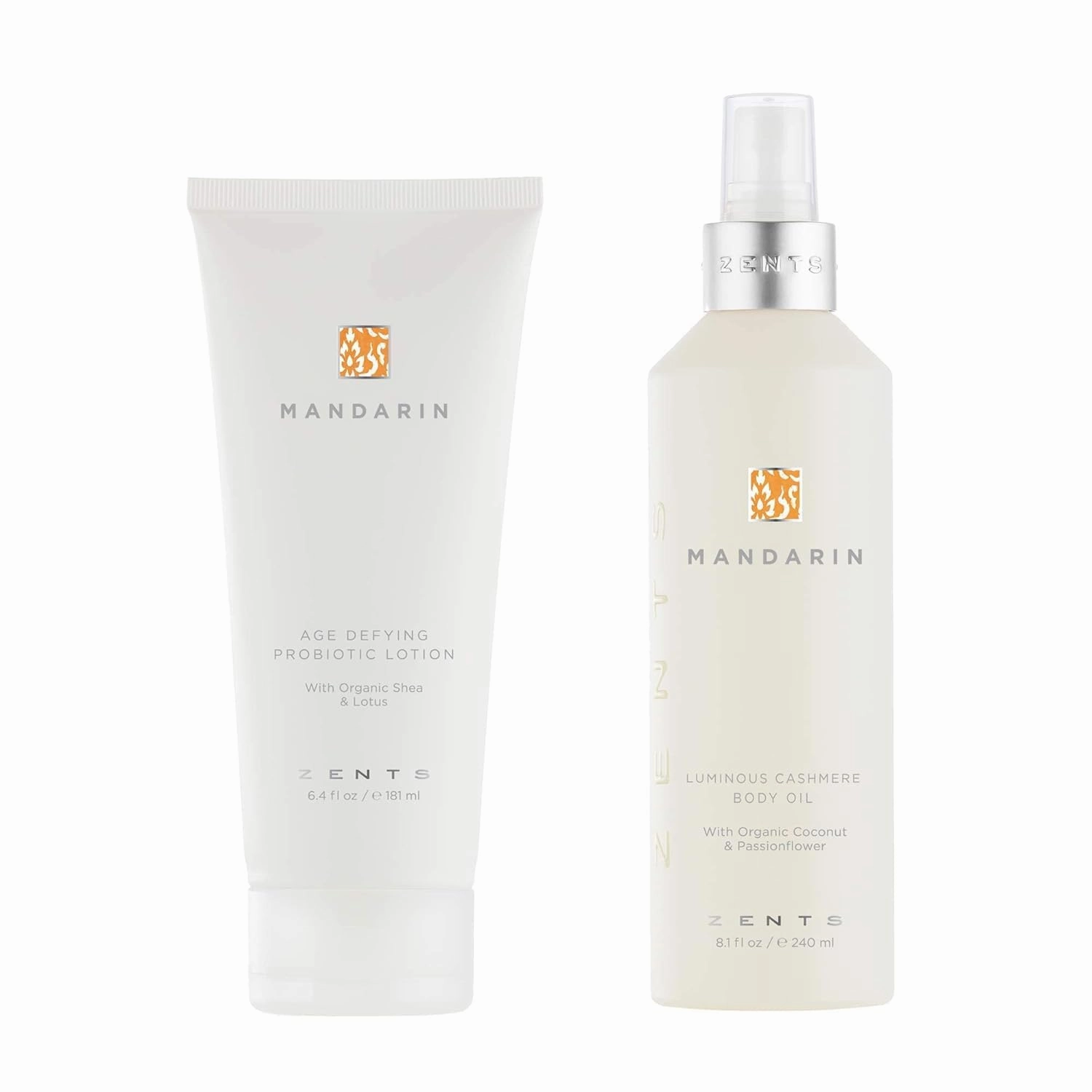 Zents Body Lotion and Cashmere Oil Set (Mandarin), Anti-Aging Probiotic Lotion, Soften and Moisturize Skin with Organic Coconut Oil, Moisturize and Nourish Dry Skin, Powerful Healing Duo