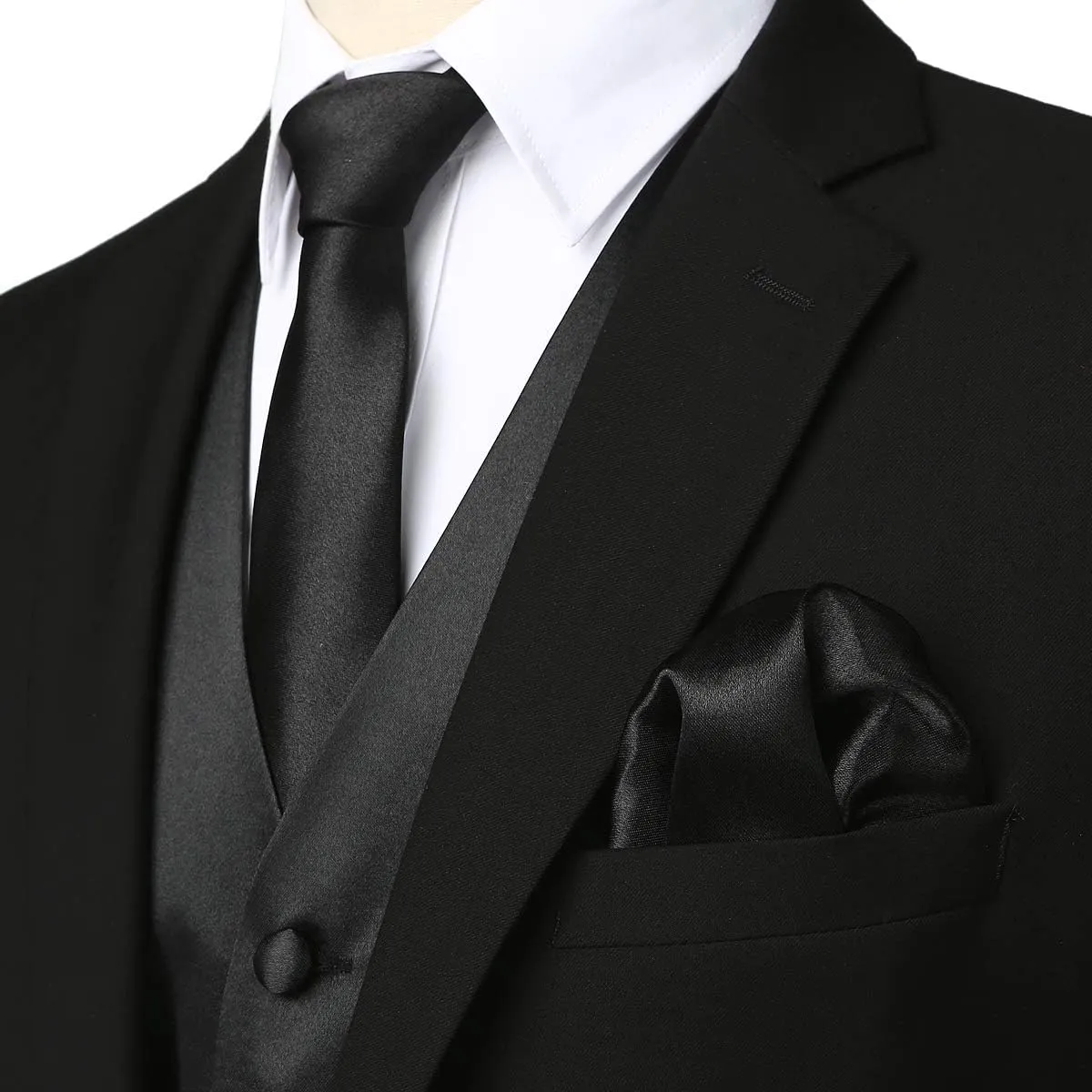 ZEROYAA Men's Solid 4pc Shiny Satin Vest Necktie Bowtie Pocket Square Set for Suit or Tuxedo