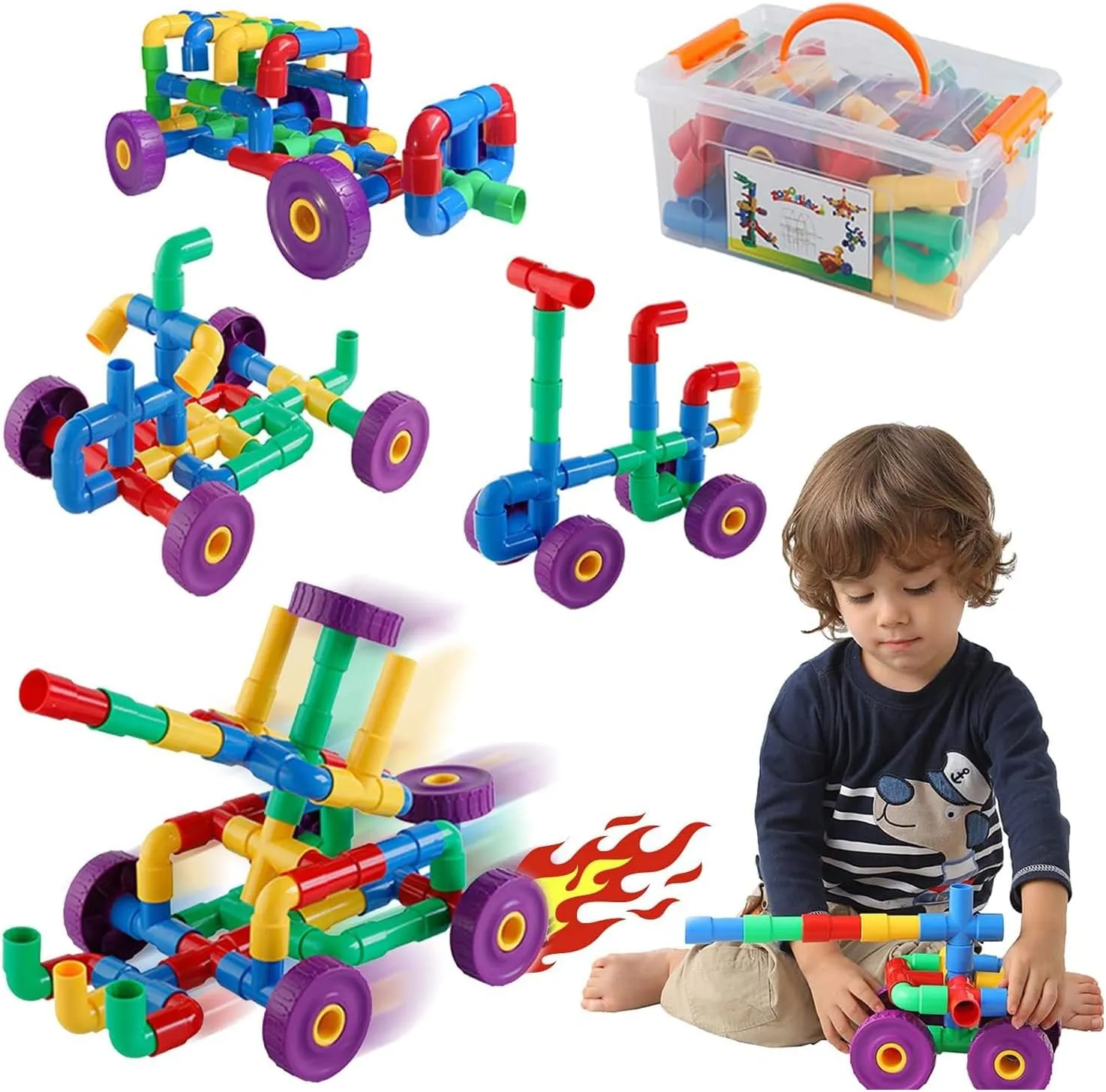 ZOZOPLAY STEM Learning Toy Tubular Pipes & Spouts & Joints 64 Piece Build Bicycle, Tank, Scootie, Moter Skills Endless Designs Educational Building Blocks Set for Kid Ages 3  Multicolor