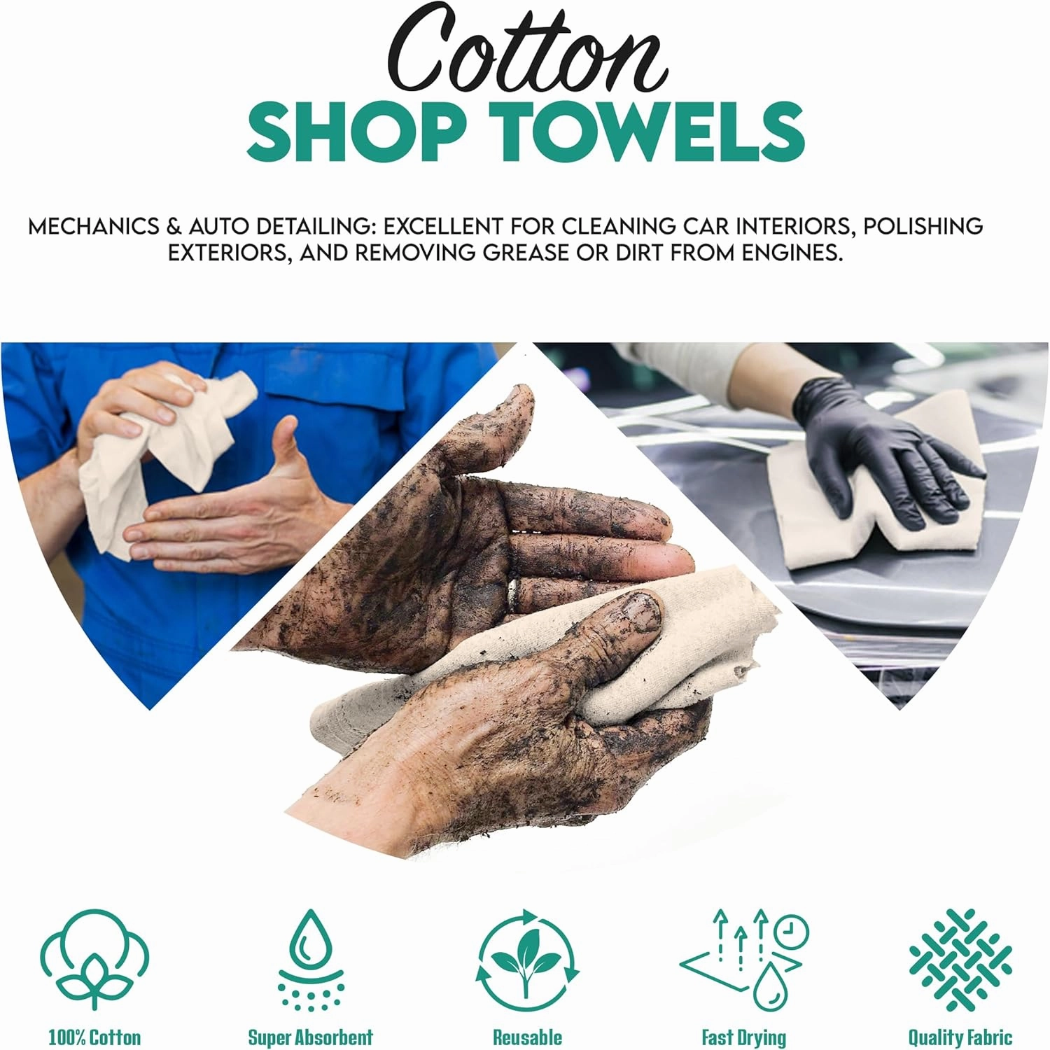 ZUPERIA Shop Towels (14" x 12" Inches - Pack of 100) Commercial Grade Cleaning Rags Bulk for Garages, Automobiles, Industries and Homes (White)
